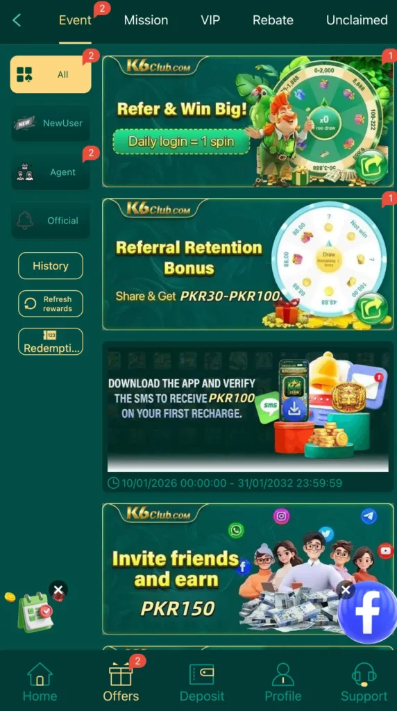 K6Club Game rewards and bonuses