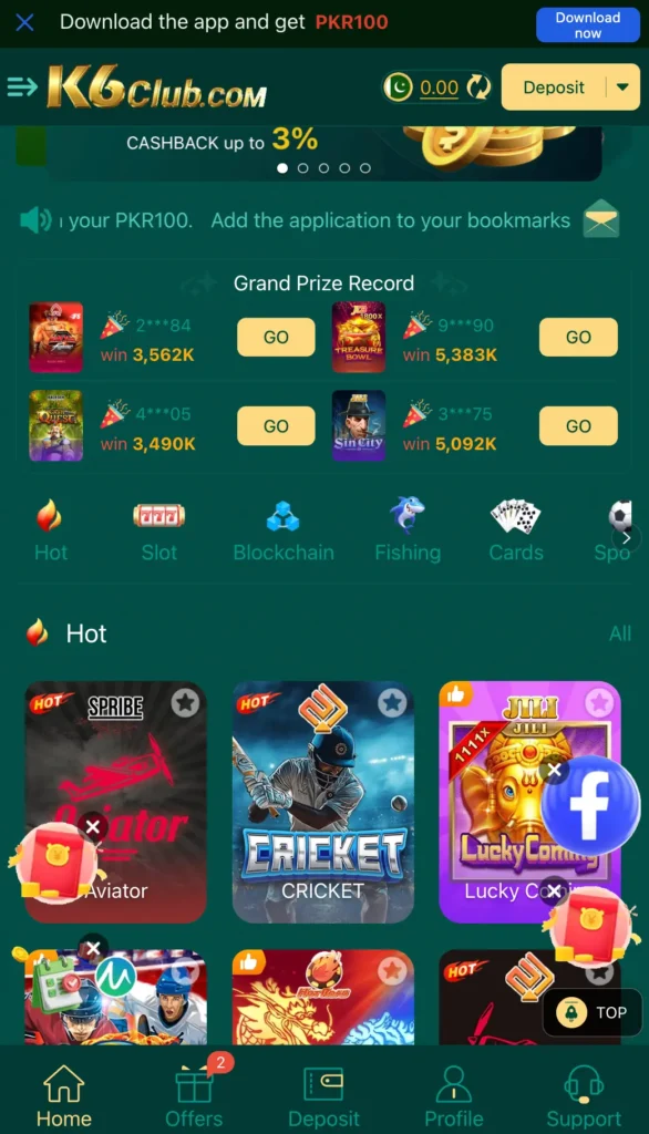 K6Club Game interface