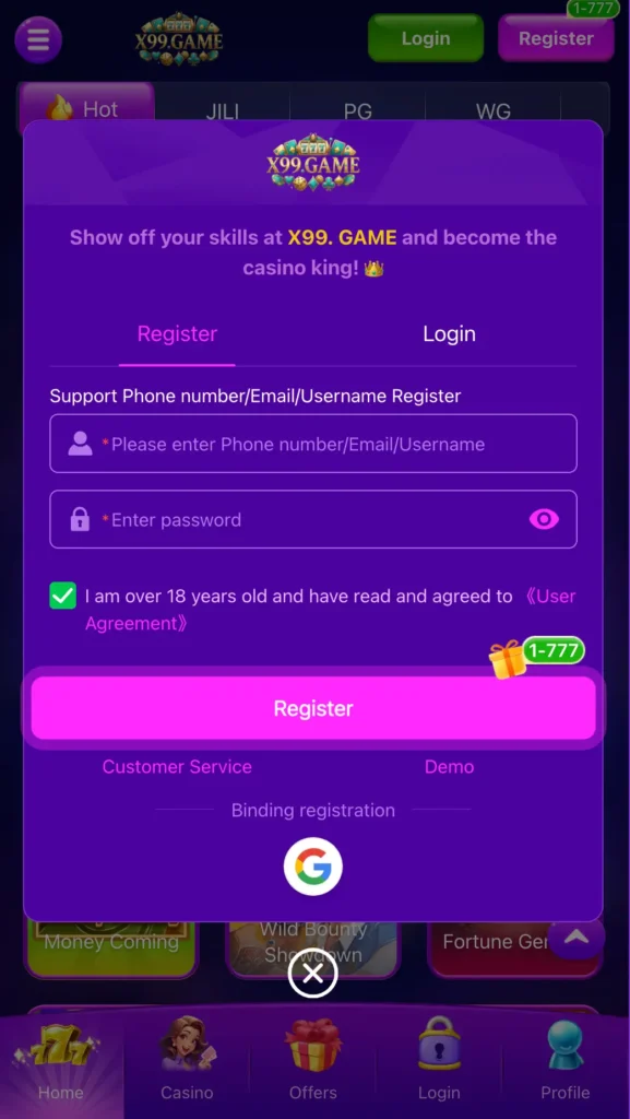 x99 game login password